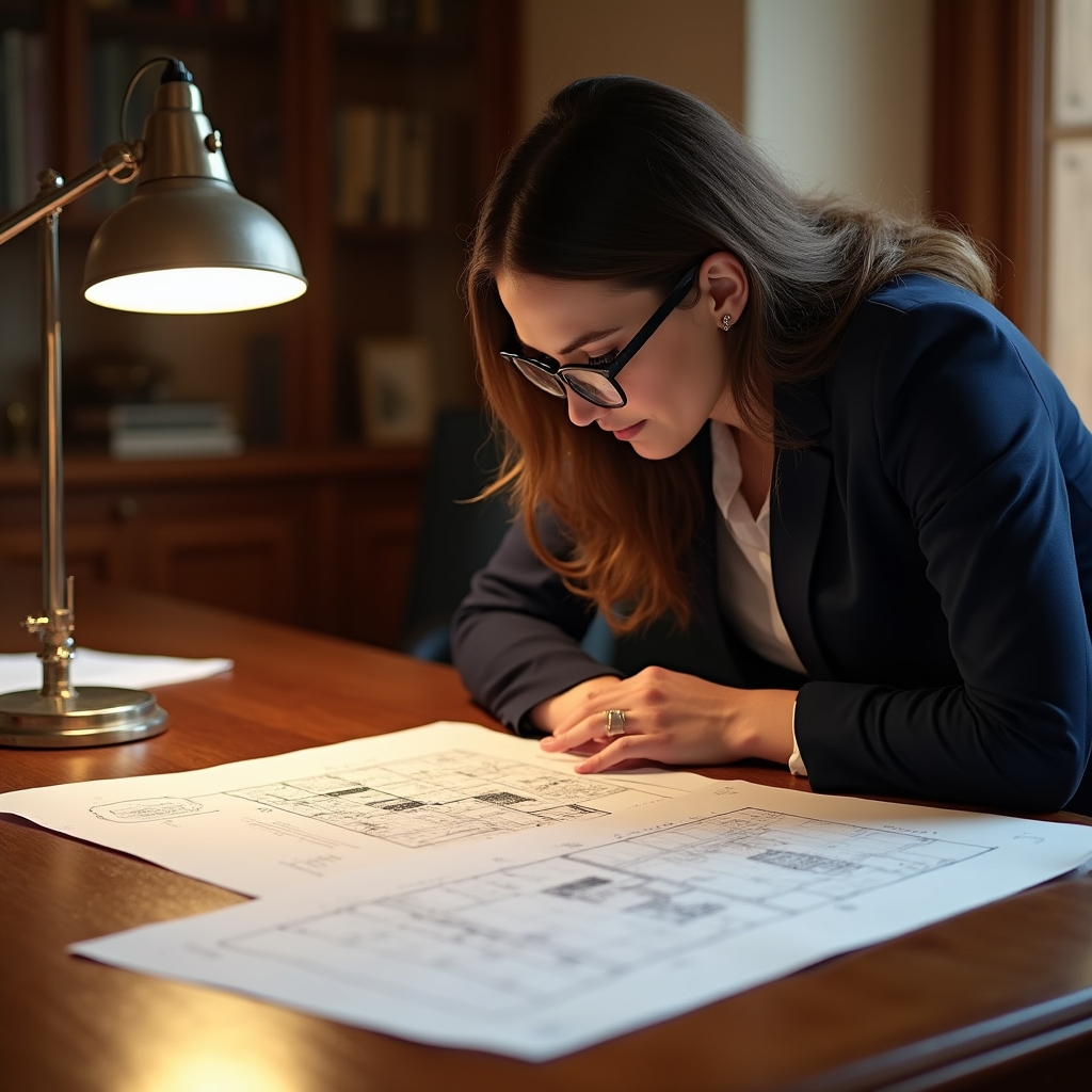Polish building permit documents and architectural drawings spread on a desk