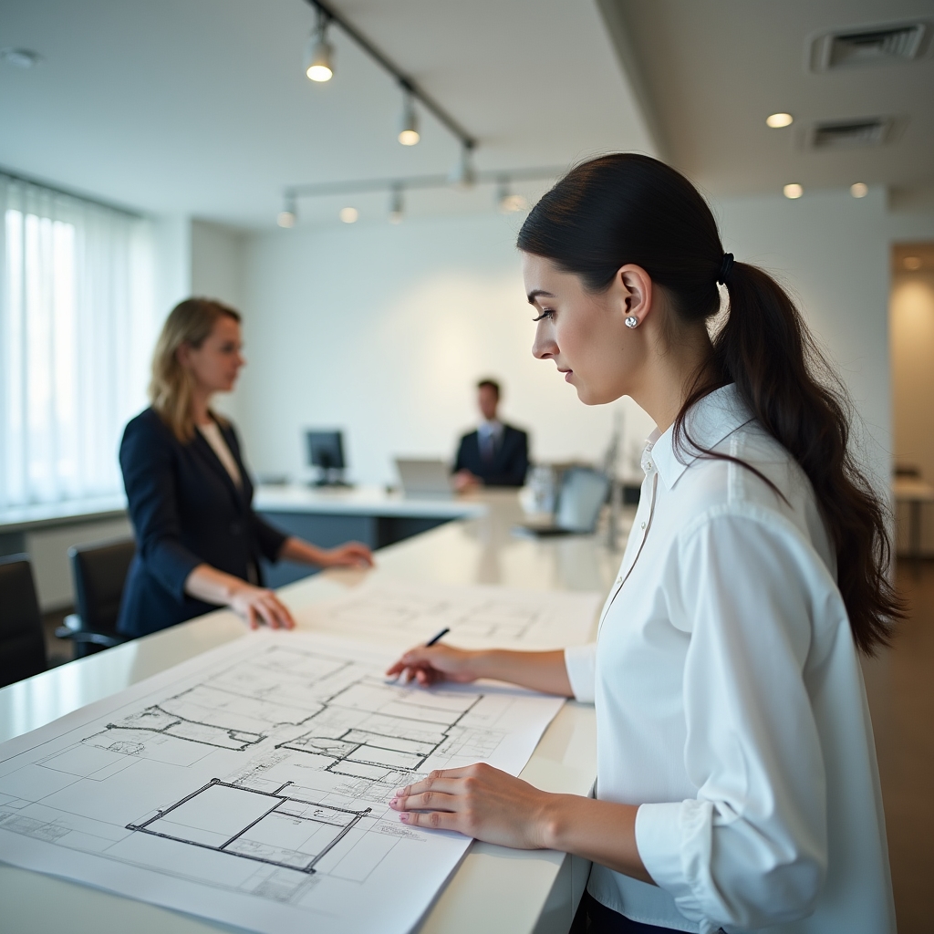 Person reviewing architectural floor plans at a Polish starostwo office counter