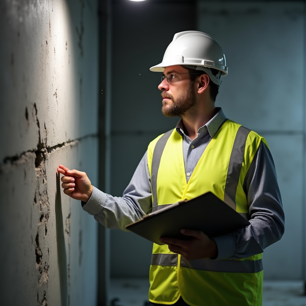 Engineer examining a concrete structural wall in a Polish apartment block during renovation assessment